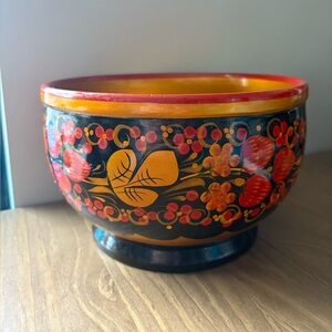 Vintage Russian Khokhloma Folk Art Large Bowl Painted Wooden Bowl Strawberries